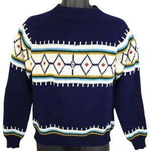 Fair Isle Ski Sweater Vintage 70s 80s Geometric Diamonds Mens Size Medium